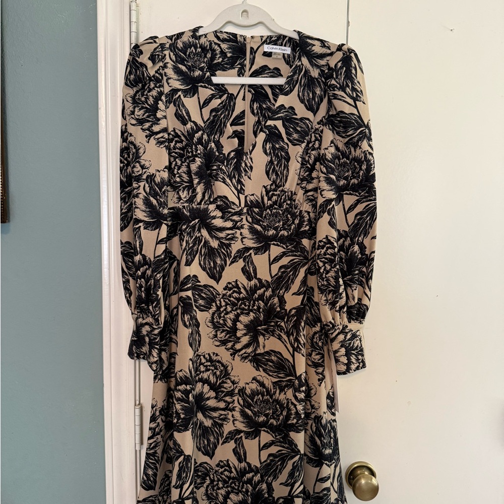 Calvin Klein Beige Dress with Navy Floral Print - Long Sleeve